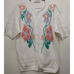Vintage Bermuda Floral Knit Cardigan Short Sleeve Pearl Buttons Cotton Large